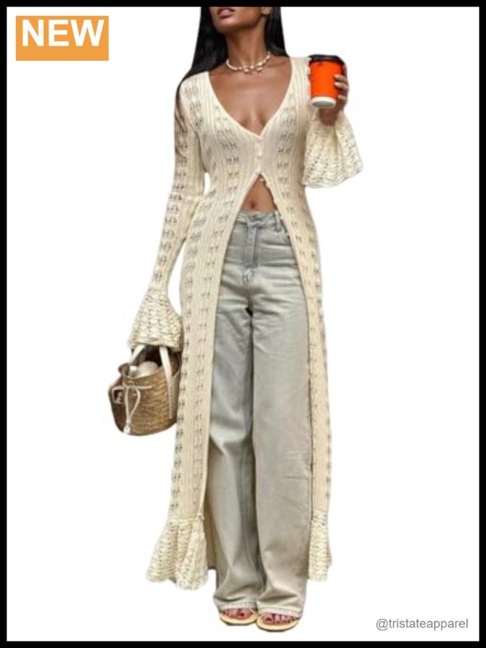 Long Crochet Cardigan Ruffle Bell Sleeve Boho Hollow Out Button Maxi Cover Up